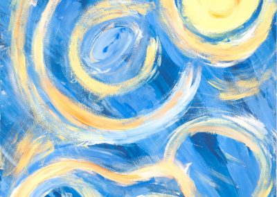 painting of bright, yellow swirls on top of blue background