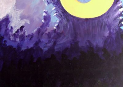 painting of abstract, purple landscape with the moon overlooking it