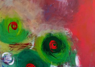 abstract painting of orbs and three green and red eyes