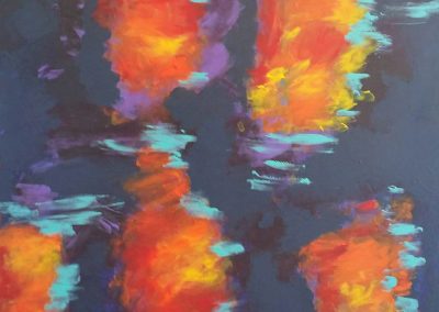 painting of dark scenery with bright, fiery tornadoes