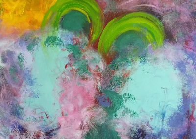 abstract painting with two green figures in the center