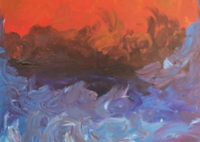 abstract painting of cool colored landscape with fiery clouds in the background