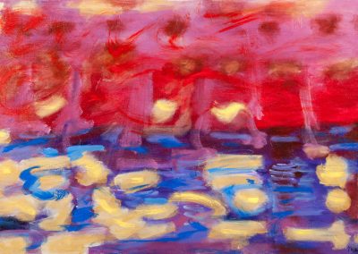 painting of abstract landscape with reds, purples, blues, and whites