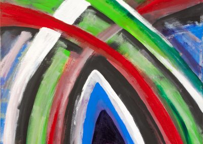 abstract painting with green, red, white, blue, and grey