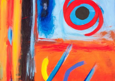 abstract painting with vivid reds, oranges, yellow, and blues