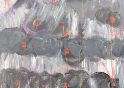 abstract painting with grey, red, and yellow in the upper left