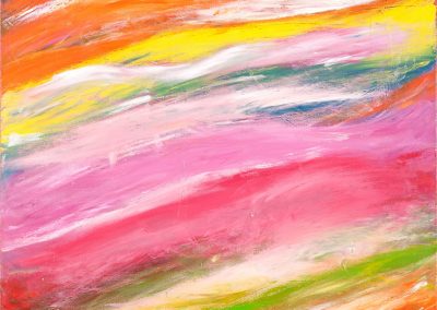 abstract painting with pink, orange, green, yellow, and blue waves
