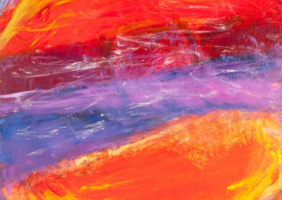 abstract painting with purple background and reddish orange half moons