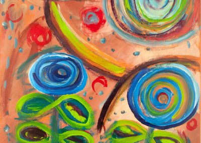 painting of abstract, colorful flowers