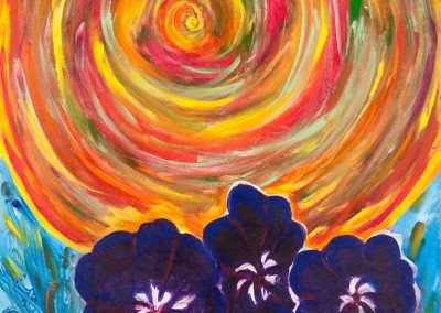 painting of the sun and three purple flowers