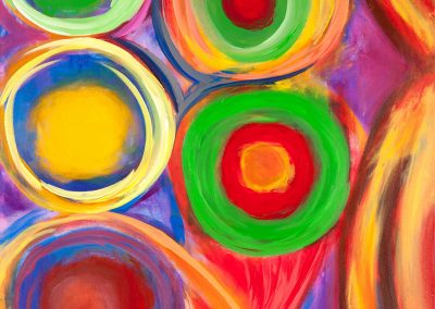 painting of vivid, abstract landscape with five orbs