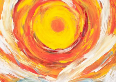 abstract painting with three orbs and warm colors