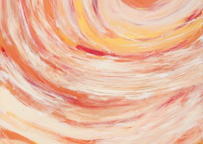 abstract painting with spiral in the upper right with swirls of red, yellow, and white