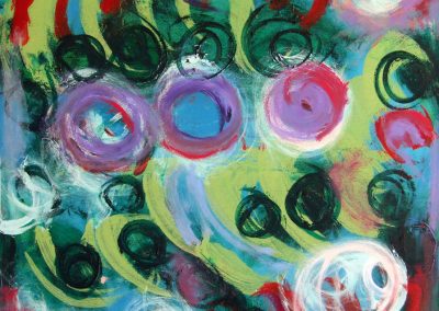 painting of abstract landscape with orbs and spirals all throughout