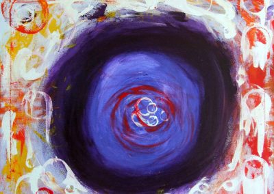 painting of abstract landscape with a giant purple circle in the center