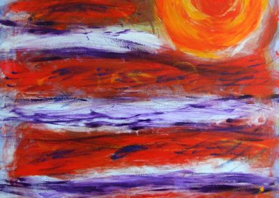 painting of abstract landscape with white, purple, and red background and orb in the upper right