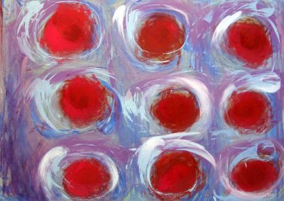 painting of abstract landscape with 9 nine red orbs