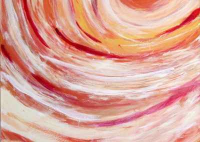 abstract painting with spiral in the upper right with swirls of red, yellow, and white