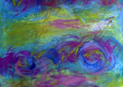 abstract painting with green and blue background with expressive spirals