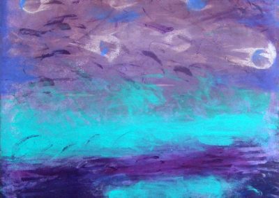 painting of abstract landscape with meteors against purple background