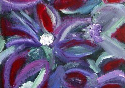 painting of multiple purple and red flowers