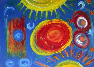 colorful, abstract painting of suns