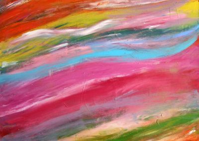 painting of vivid, abstract landscape with pinks, yellows, and blues