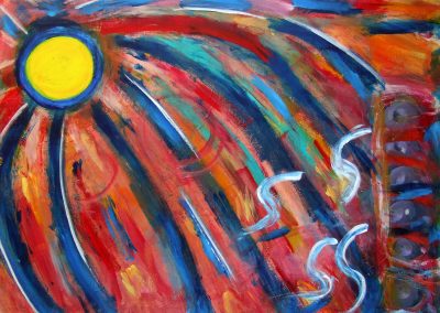 abstract painting of the sun and a storm depicted below it