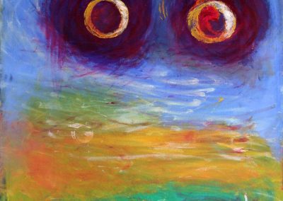 painting of vivid, abstract landscape with two giant orbs