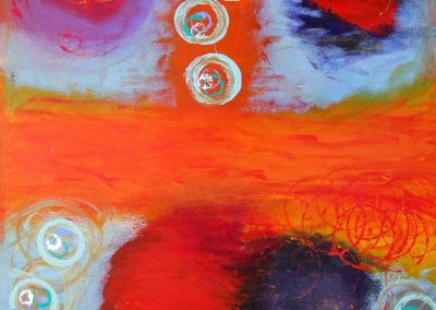 painting of vivid, abstract landscape with orbs throughout