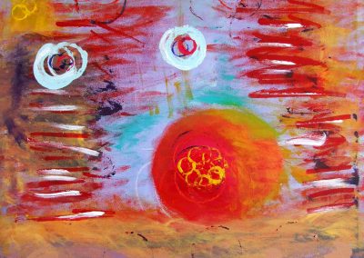 painting of vivid, abstract landscape with orbs throughout