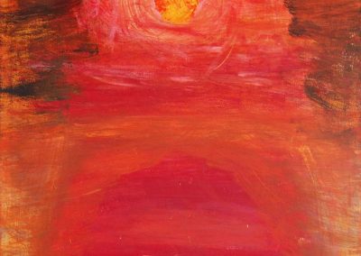 painting of vivid, abstract landscape with an orb of light in the center