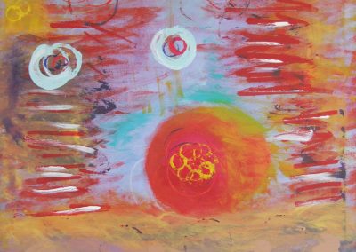 painting of vivid, abstract landscape with orbs throughout