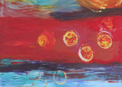 painting of vivid, abstract landscape with orbs throughout