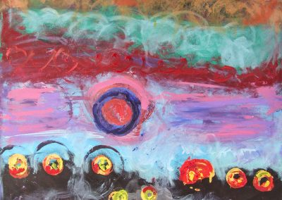 painting of vivid, abstract landscape with orbs throughout