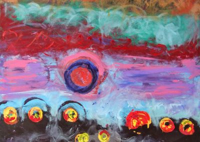 painting of vivid, abstract landscape with orbs throughout