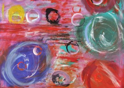 painting of vivid, abstract landscape with orbs throughout