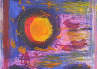 colorful abstract painting of three suns against purple background