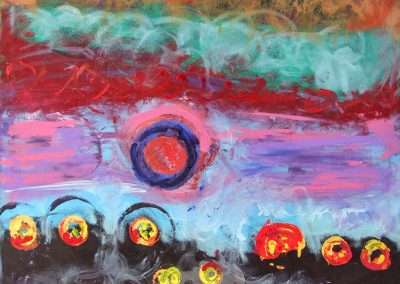 painting of vivid, abstract landscape with orbs throughout