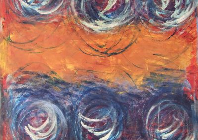 painting of vivid, abstract landscape with 6 orbs