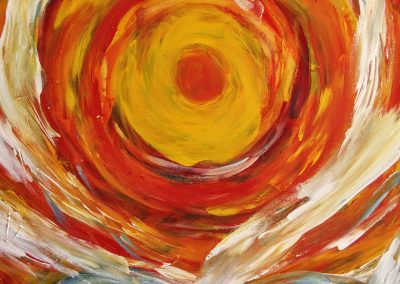 abstract painting with three orbs and warm colors