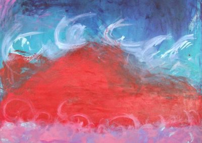 painting of dark sky with a red mountain