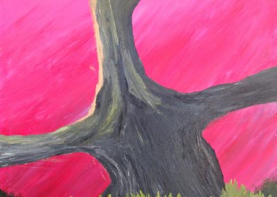 abstract painting of tree trunk and fuchsia sky