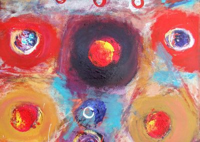 painting of vivid, abstract landscape with orbs throughout