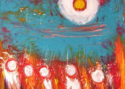 painting of abstract landscape with sun overlooking 5 figures