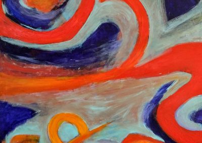 painting of abstract, expressive scene with bold orange lines