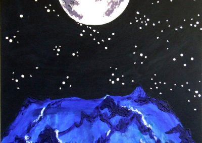 painting of mountains and moon at night