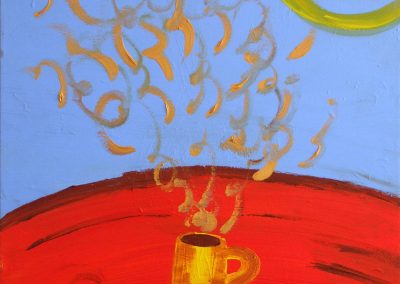 painting of tea cup with yellow steam